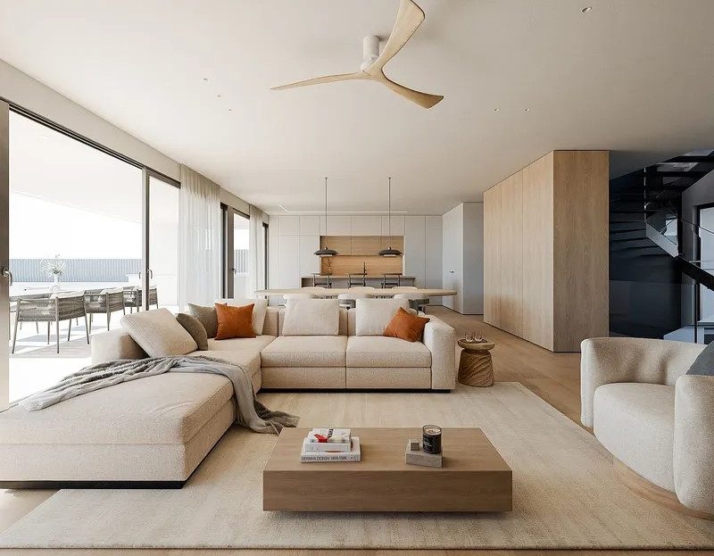 Светлая гостиная открытой планировки с панорамными окнами