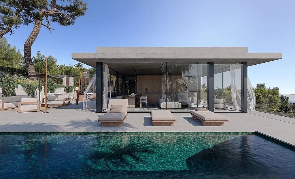 Бассейн инфинити и зона отдыха с видом на современный дом