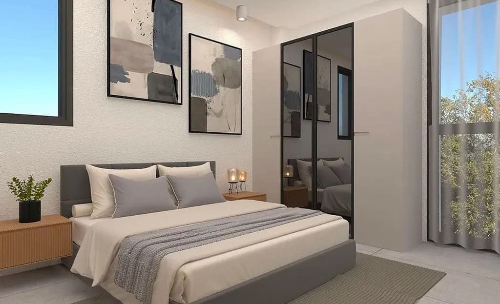 Визуализация спальни с двуспальной кроватью и встроенным шкафом.