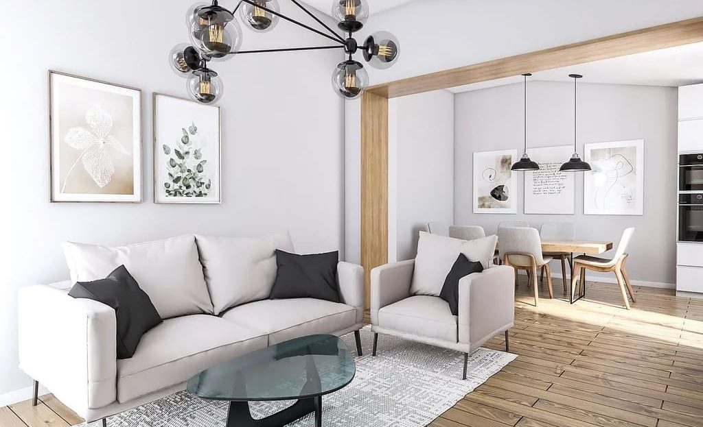 Просторная гостиная с выходом в столовую, визуализация квартиры