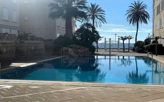 Бассейн с морем на горизонте и пальмами по периметру.