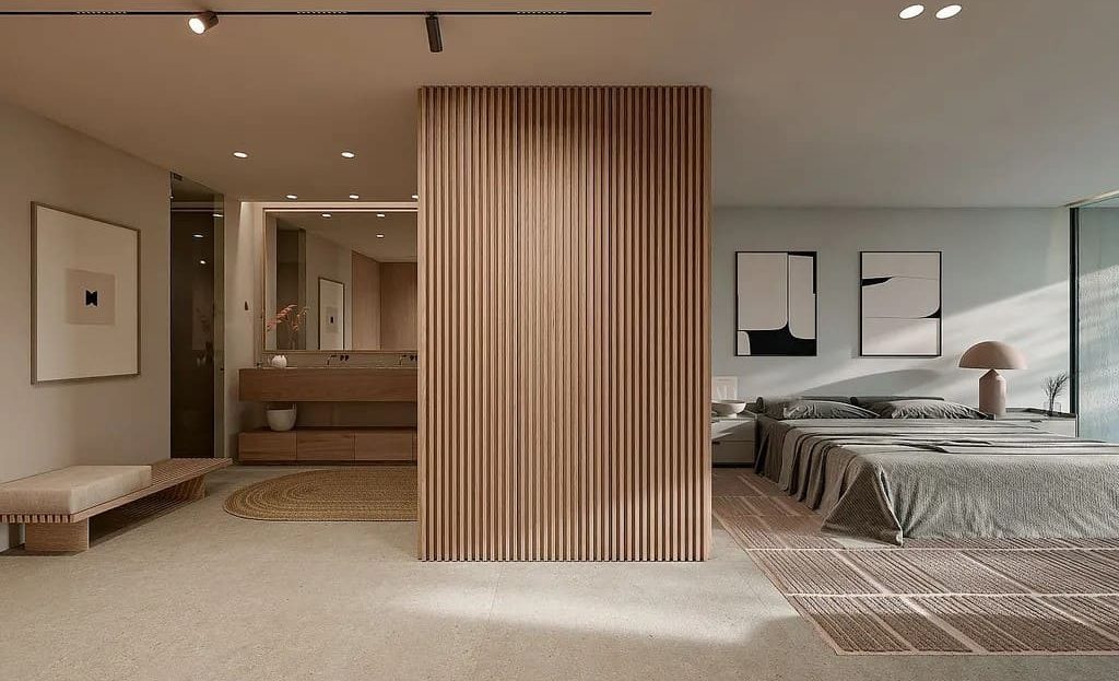 Главная спальня в современном стиле с гардеробной зоной