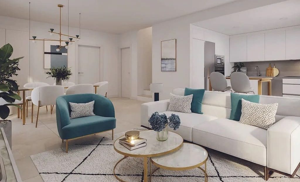 Визуализация гостиной с современным интерьером и обеденной зоной.