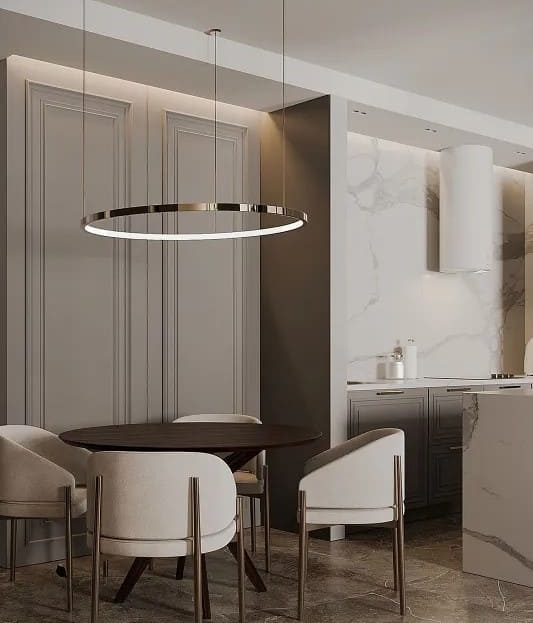 Столовая зона и кухня в минималистичном дизайнерском стиле