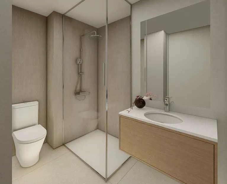 Ванная комната — современная ванная комната с душевой кабиной, подвесной сантехникой и минималистичным дизайном.
