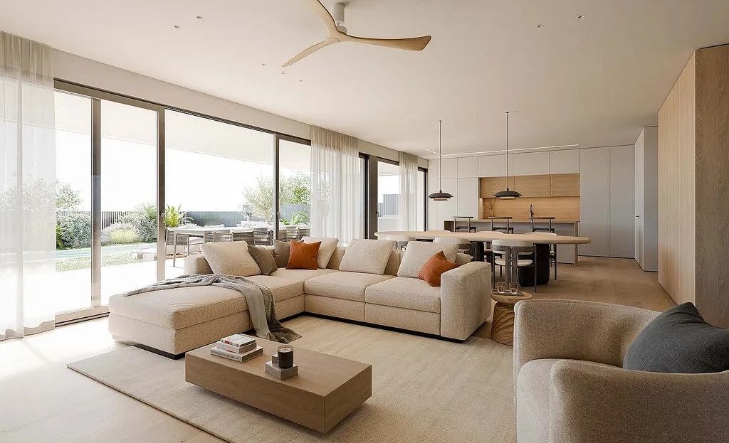 Просторная гостиная с выходом на террасу и сад