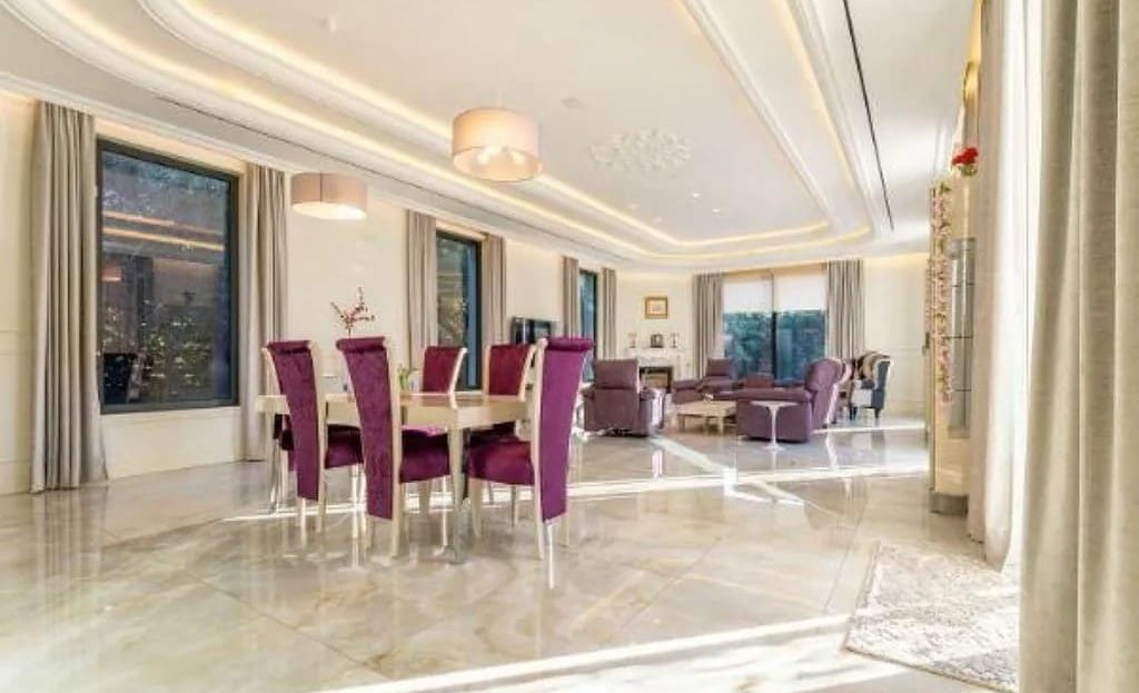 Столовая зона в гостиной с большим обеденным столом