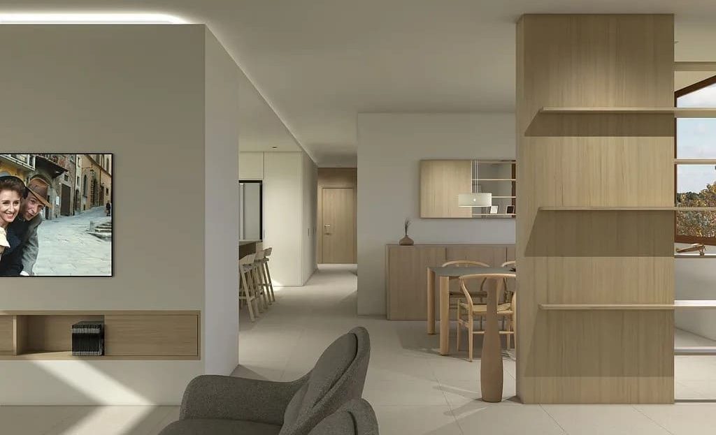 Интерьер квартиры в новостройке с открытой планировкой гостиной и кухни