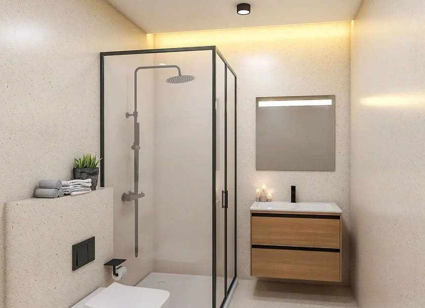 Современная ванная комната с душевой кабиной и деревянной мебелью