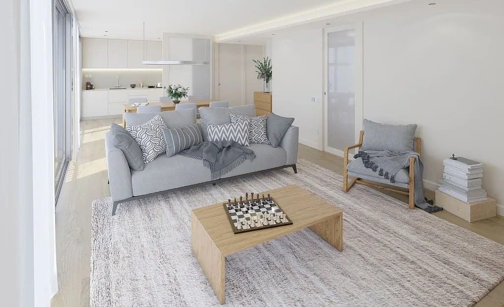 Просторная гостиная в современном стиле с открытой планировкой