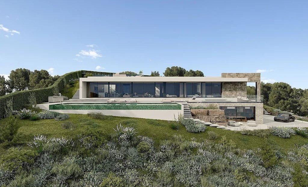 Современный дом с горизонтальной архитектурой и большим участком.