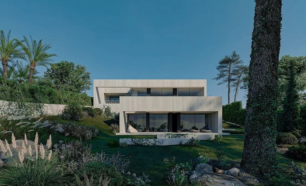 Общий вид современной виллы, окружённой зеленью