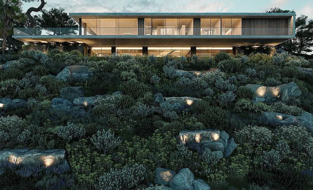 Ночной вид на современную виллу с подсветкой и панорамным остеклением