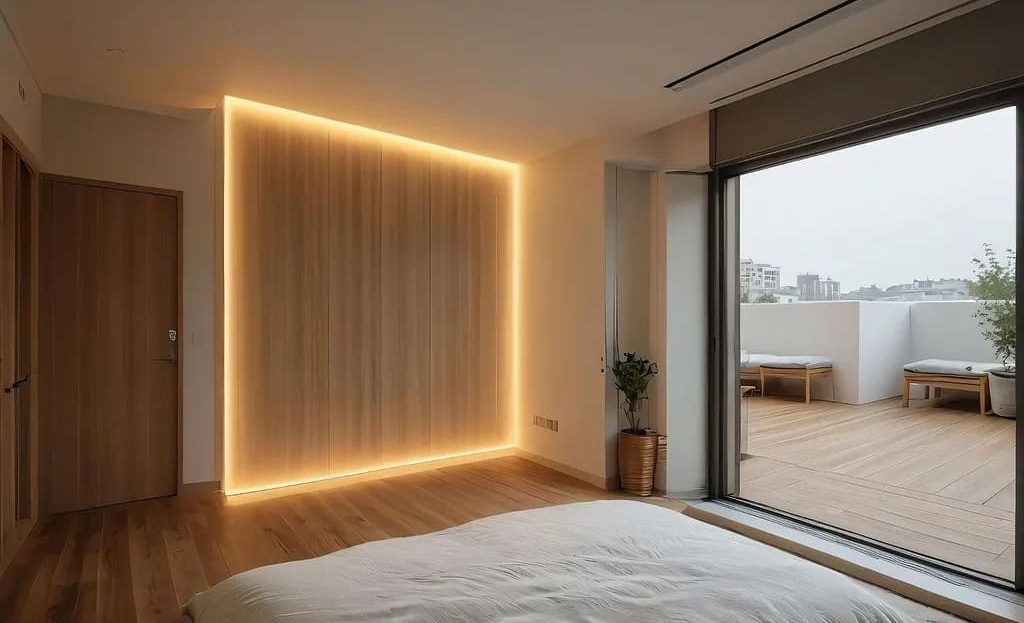 Главная спальня с дизайнерской подсветкой и выходом на террасу