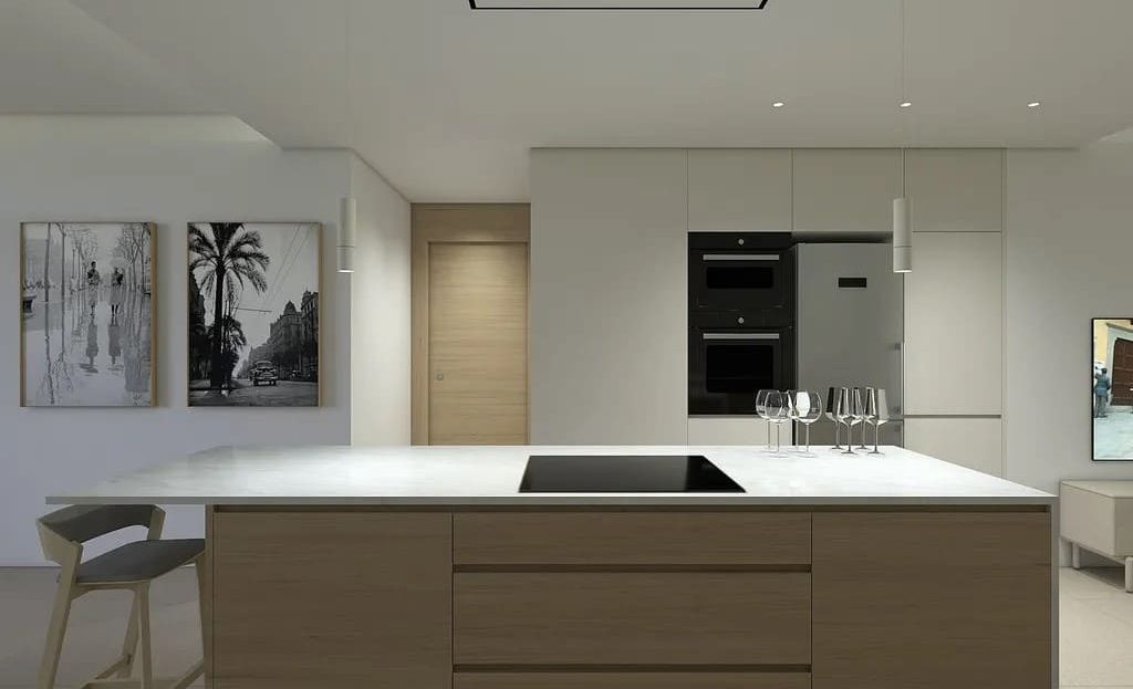 Современная кухня с островом в квартире новостройки