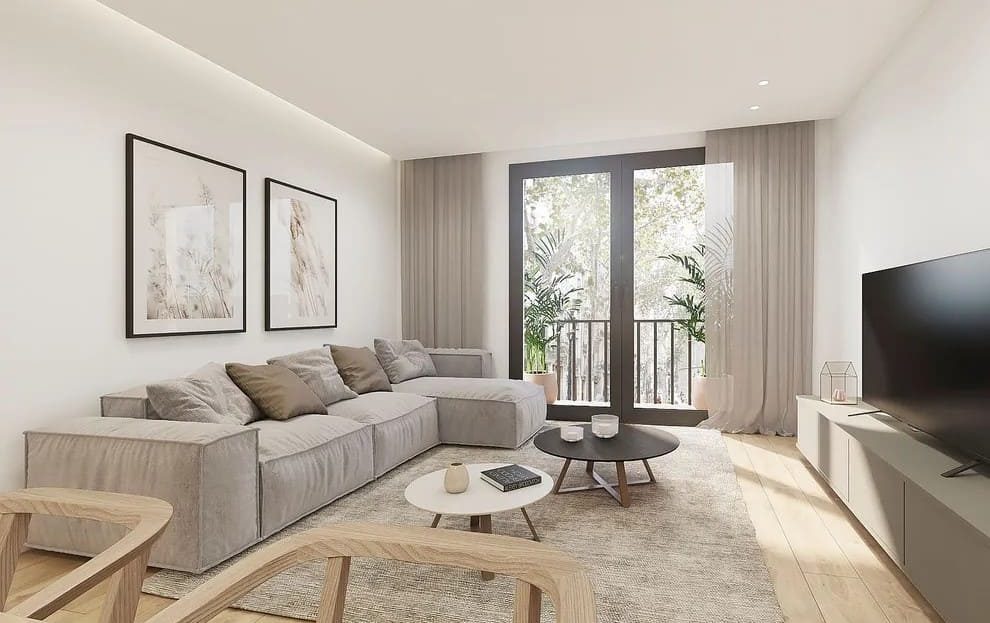 Гостиная новой квартиры, открытая планировка, светлый интерьер