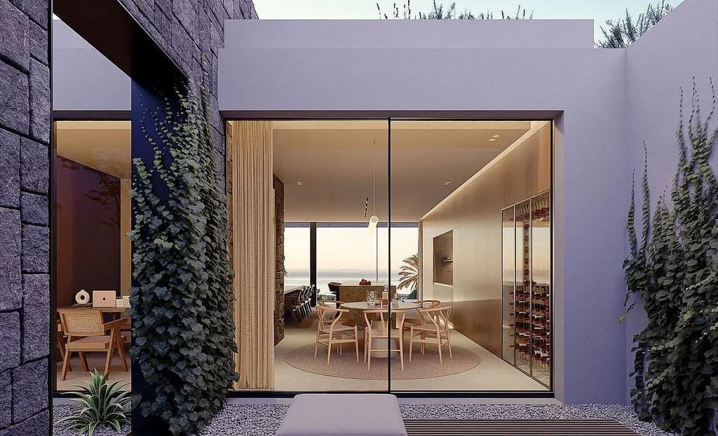 Интерьер гостиной-столовой с панорамным остеклением, визуализация.