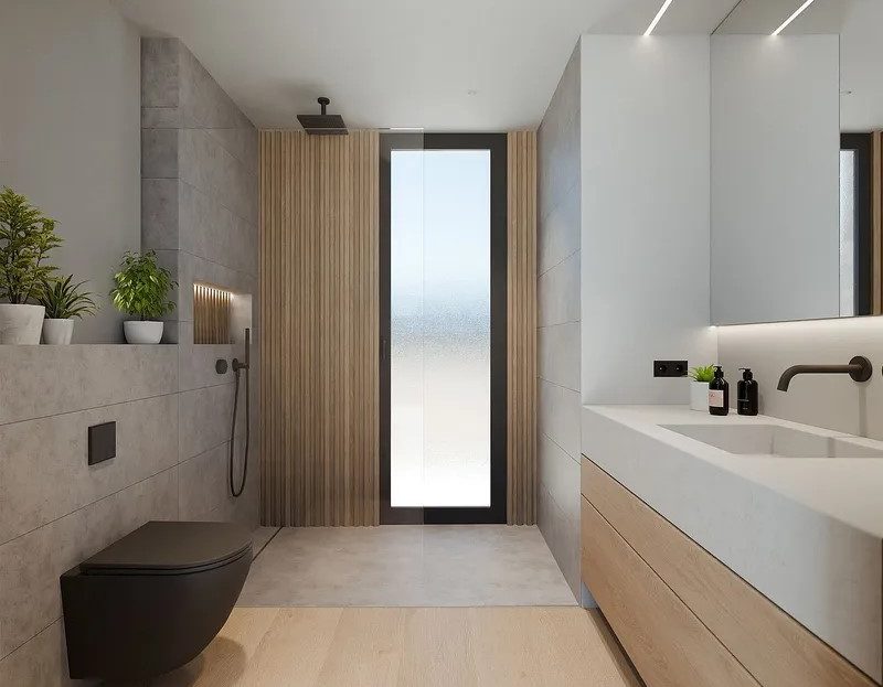 Современная ванная комната с дизайнерской отделкой и душем