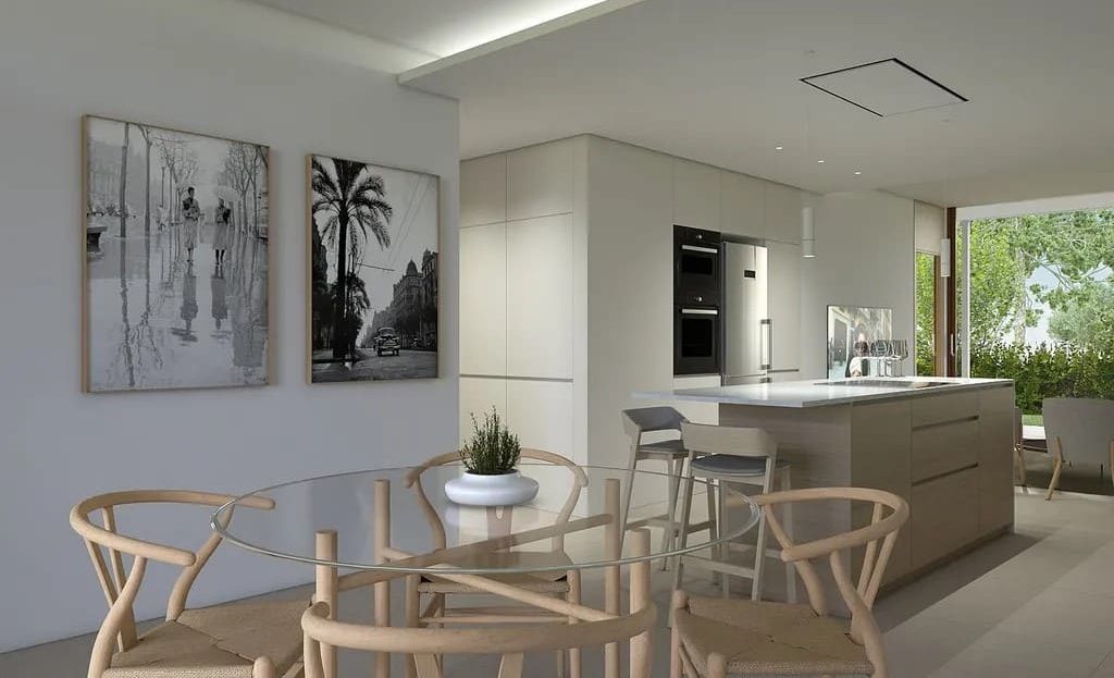 Обеденная зона и кухня открытого типа в современной квартире