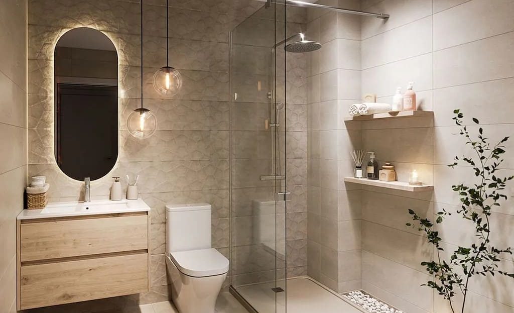 Современная ванная комната с душевой кабиной в квартире комплекса La Armonía