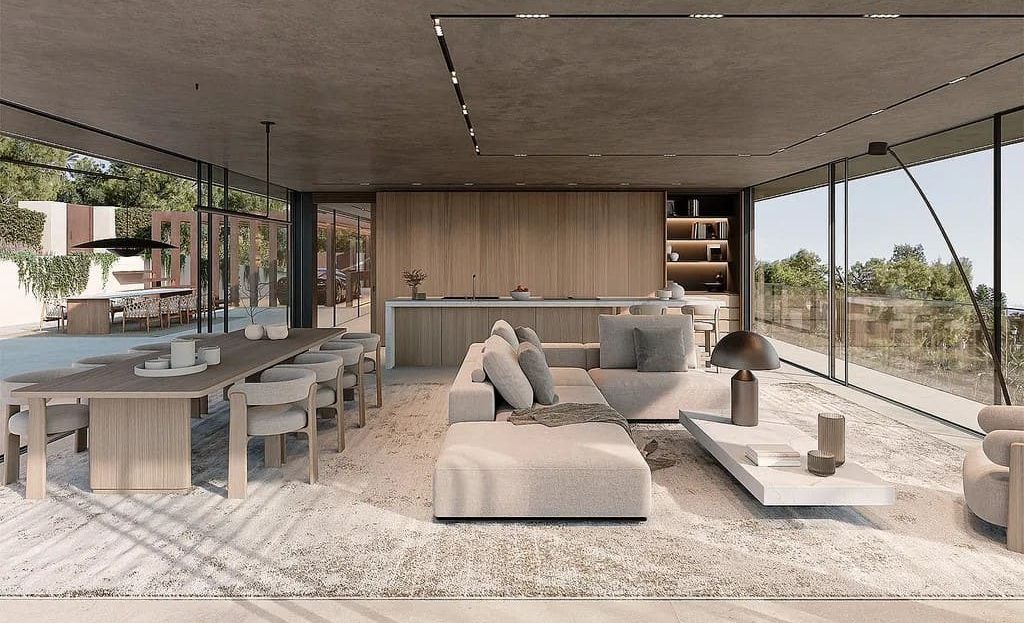 Просторная гостиная с выходом на террасу и видом на природу