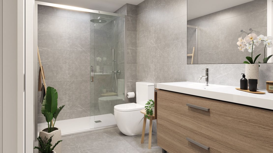 Современная ванная комната с душевой кабиной и высококлассной сантехникой