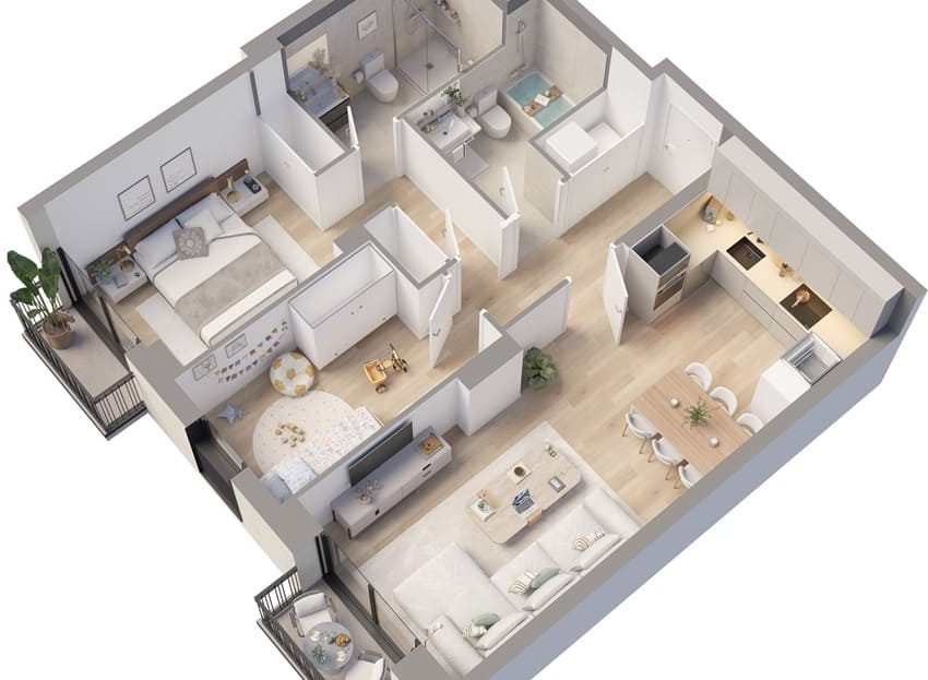 3D планировка четырехкомнатной квартиры в новостройке Sant Magí