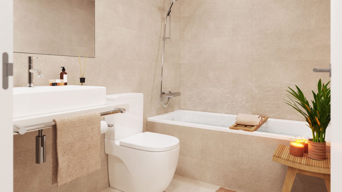 Интерьер санузла в светлых тонах, отделка от застройщика в Барселоне