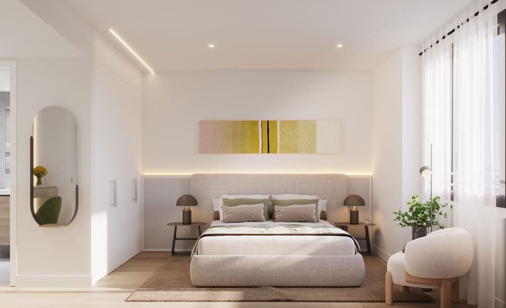 Интерьер мастер-спальни с системой подогрева пола и аэротермией